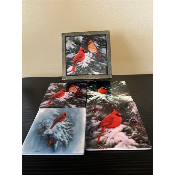 Wintry Cardinal Bird Scenes With Rustic Box Storage Drink Coaster Set Preowned - Picture 1 of 13